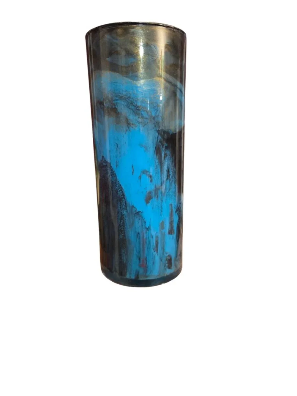 Handpainted OOAK Acrylic Pour Cylinder Vase, Teal Blue Black Gold, Unique Art